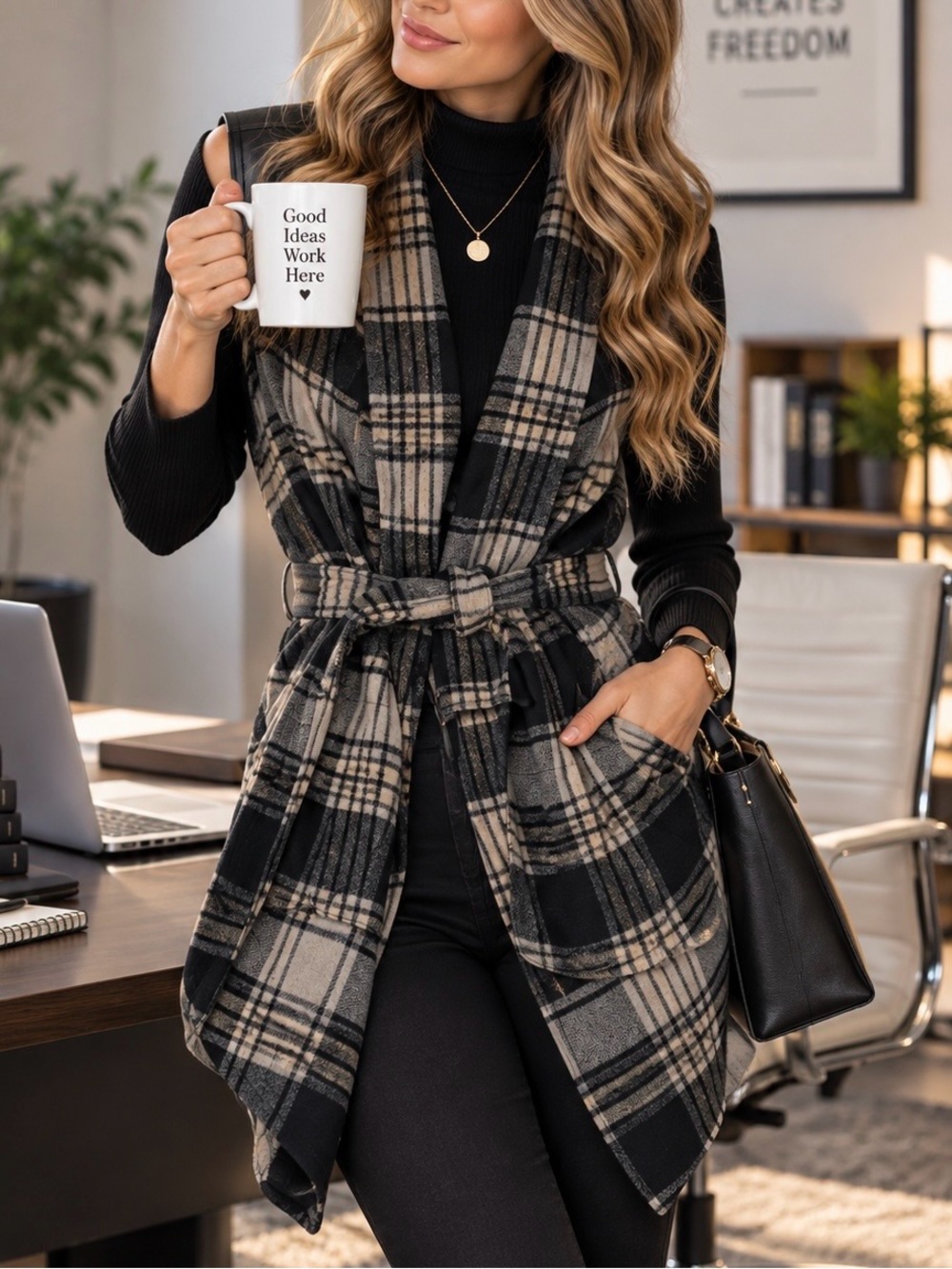 Lisa Rinna Collection XS Plaid Belted Waterfall Vest Faux Leather Wool Blend